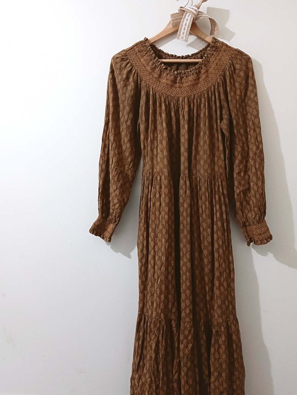 UNIVERSAL THREAD WARM AMBER BROWN SMOCKED BALLOON SLEEVE PEASANT MIDI DRESS XS